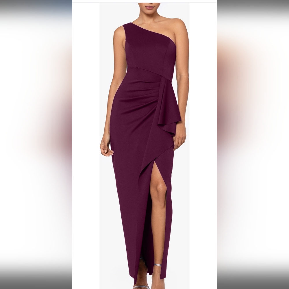 Xscape One-Shoulder Scuba Knit Gown in Wine